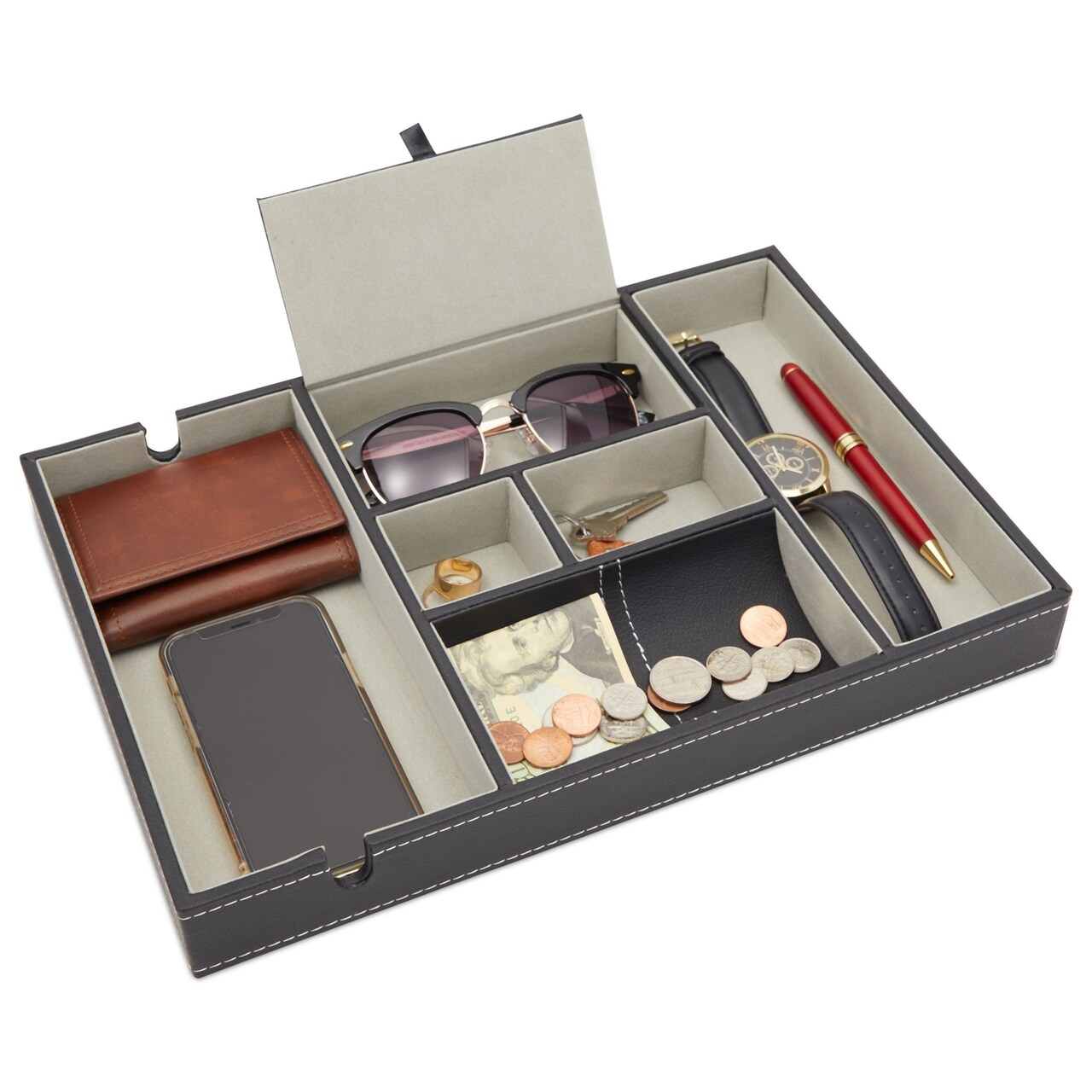 Juvale Nightstand Organizer Tray - 14 x 10 x 1.5 in, Black Faux Leather - Valet Tray for Men with 6 Compartments for Watch, Jewelry & Keys